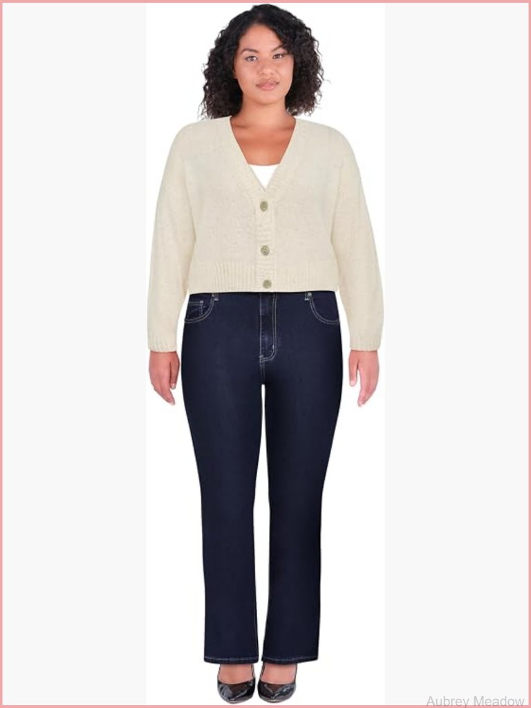 Plus Size Cardigan - V-Neck Button Front Crop Length Soft Lurex Knit